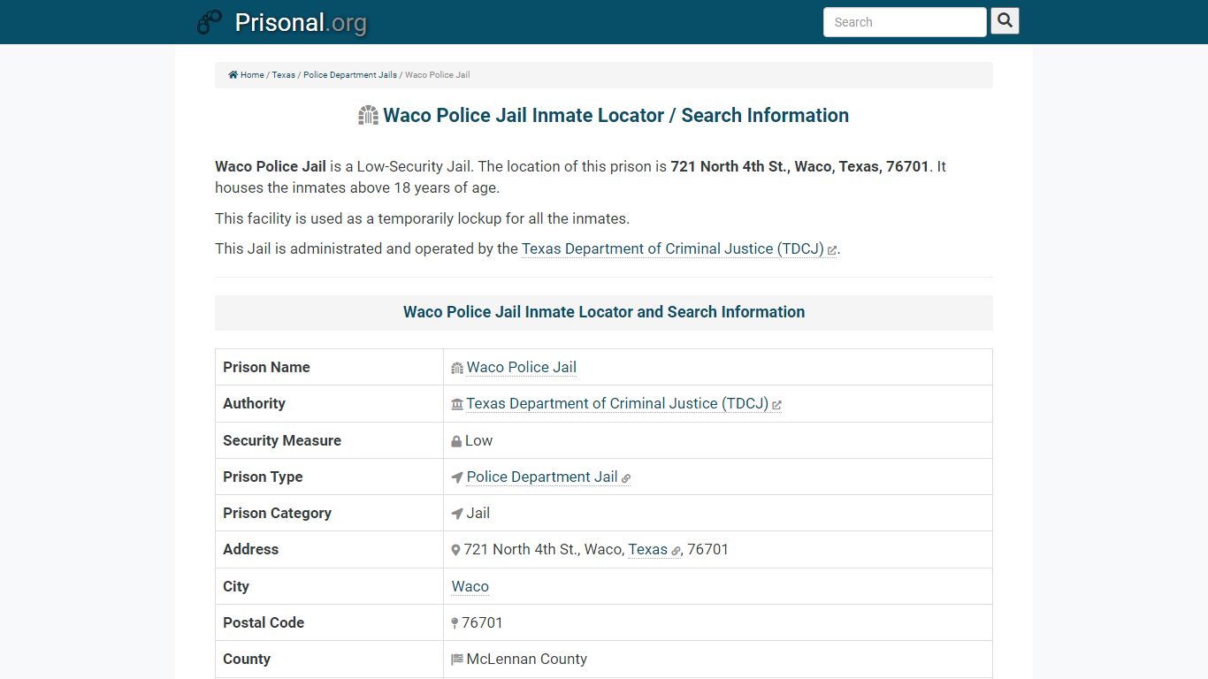 Waco Police Jail-Inmate Locator/Search Info, Phone, Fax ...
